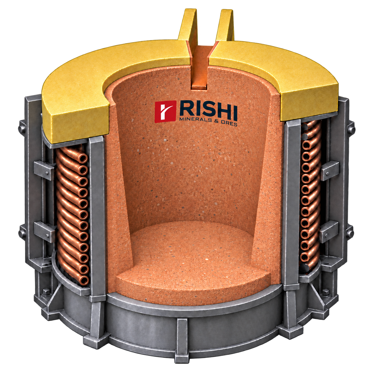 Rishi coreless induction furnace cutaway showing the orange-red premix sidewall and bottom lining, copper coils and yellow Nalitop spout and top