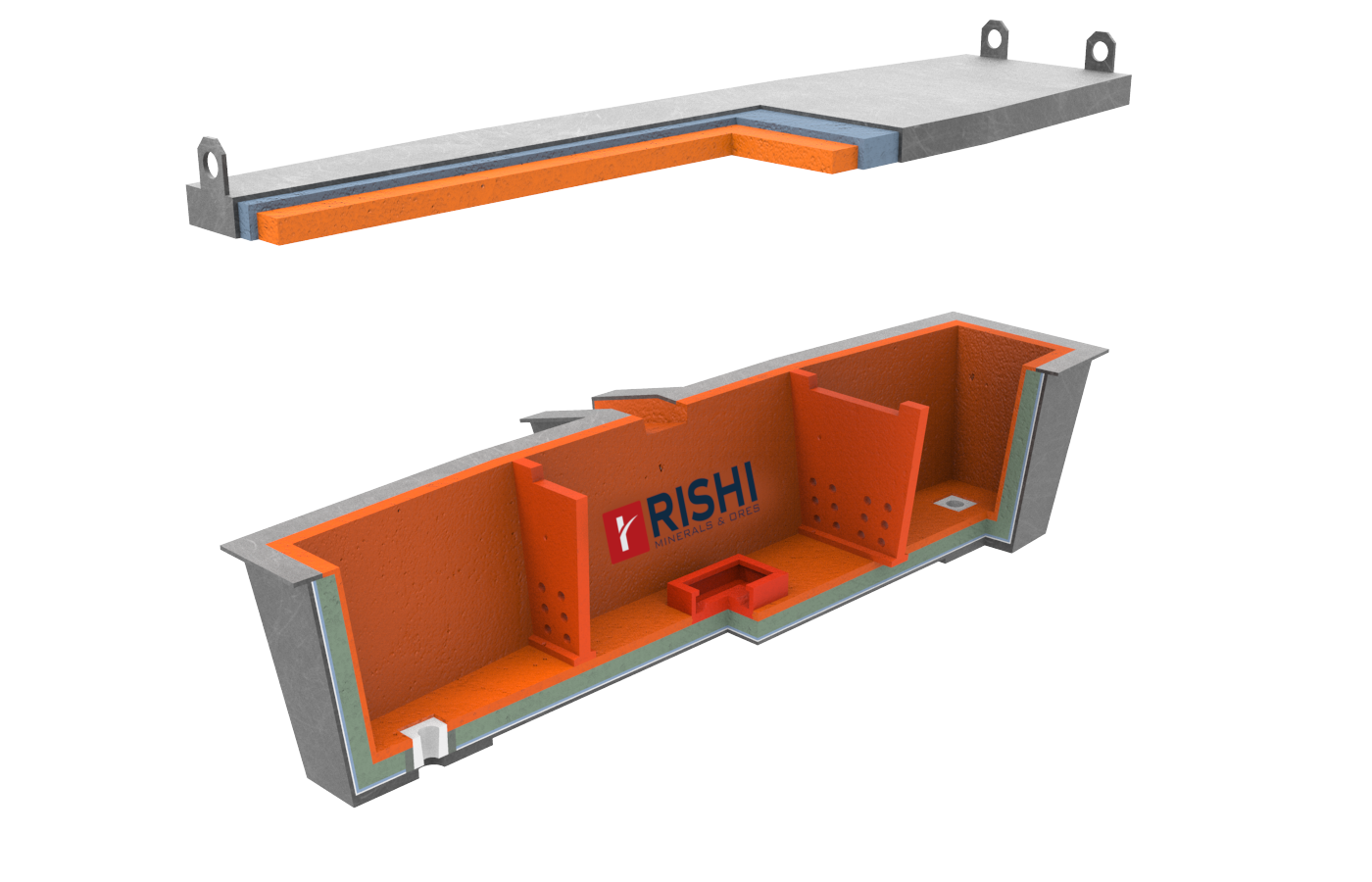 Exploded cross-section of a Rishi tundish and cover showing the orange refractory lining