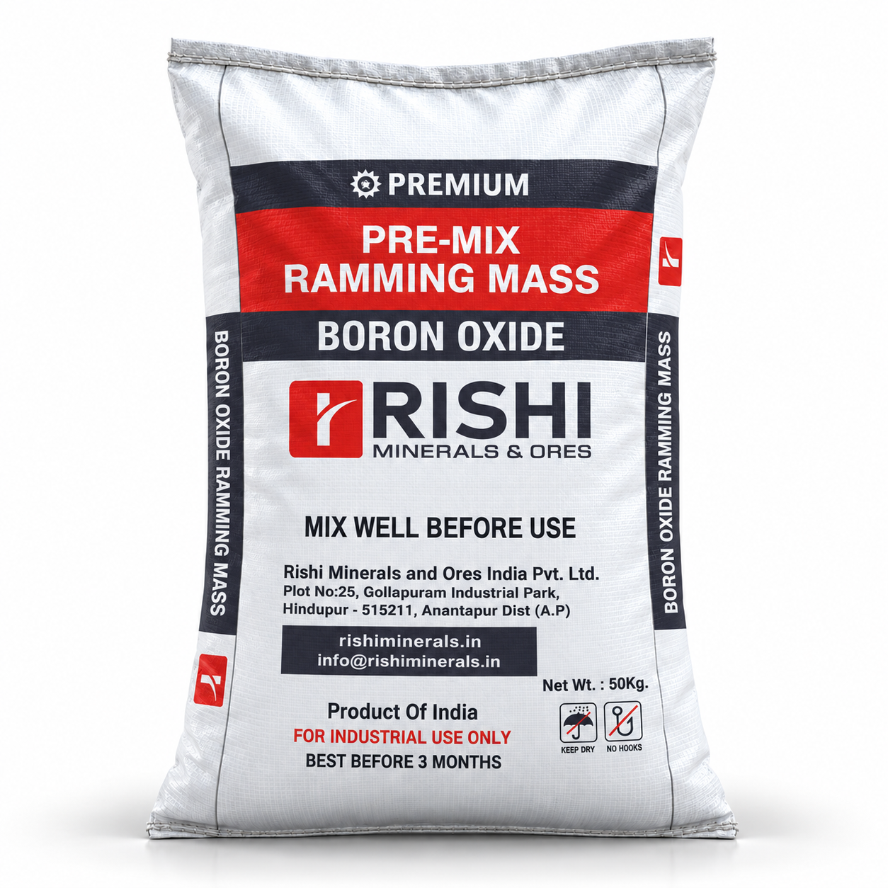 Boron Oxide Premix bag mockup with the supplied red and charcoal print, 50 kg